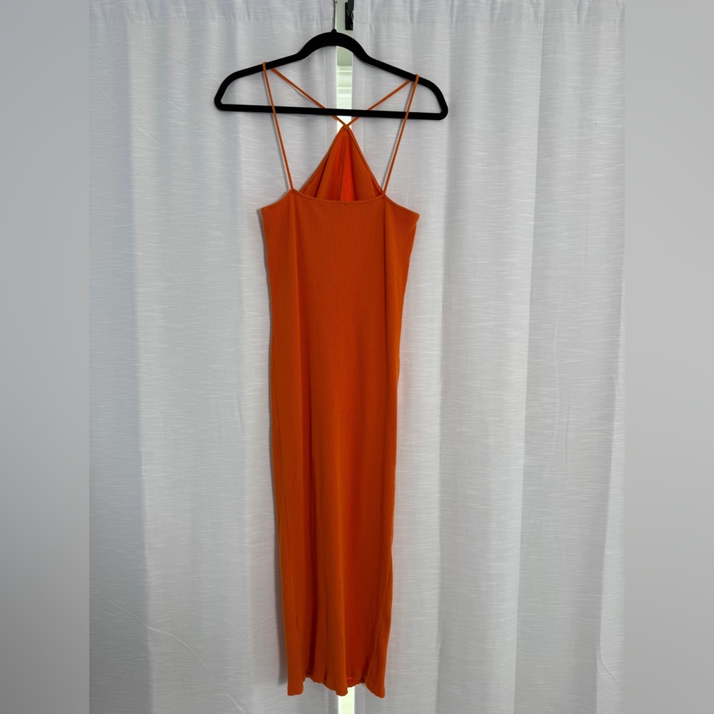 Zara Orange Ribbed Halter Midi Dress | Summer Resort Cocktail Style | Size L - Picture 7 of 9